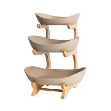 Wedding Bamboo Wooden Stand 3 Tier Oval Bowl Ceramic fruit basket bowl  Snack Plates Set with Wooden stand nordic decor